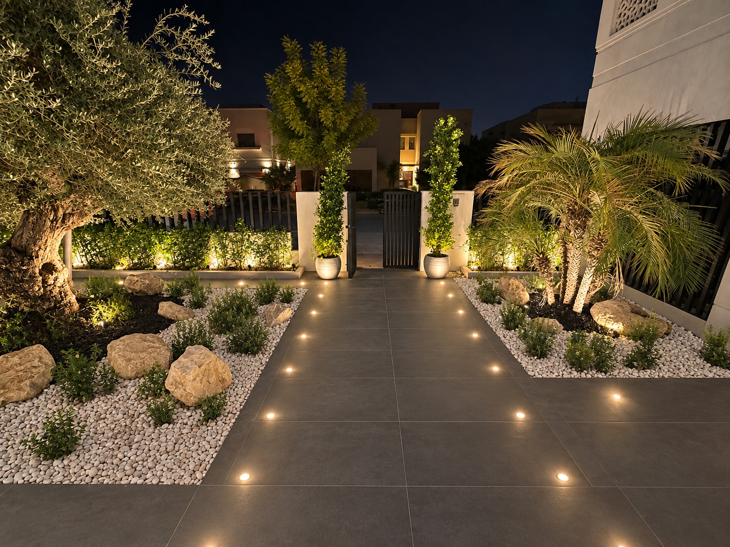 Lit garden entrance path with an olive tree and palm either side, leading to the gate.