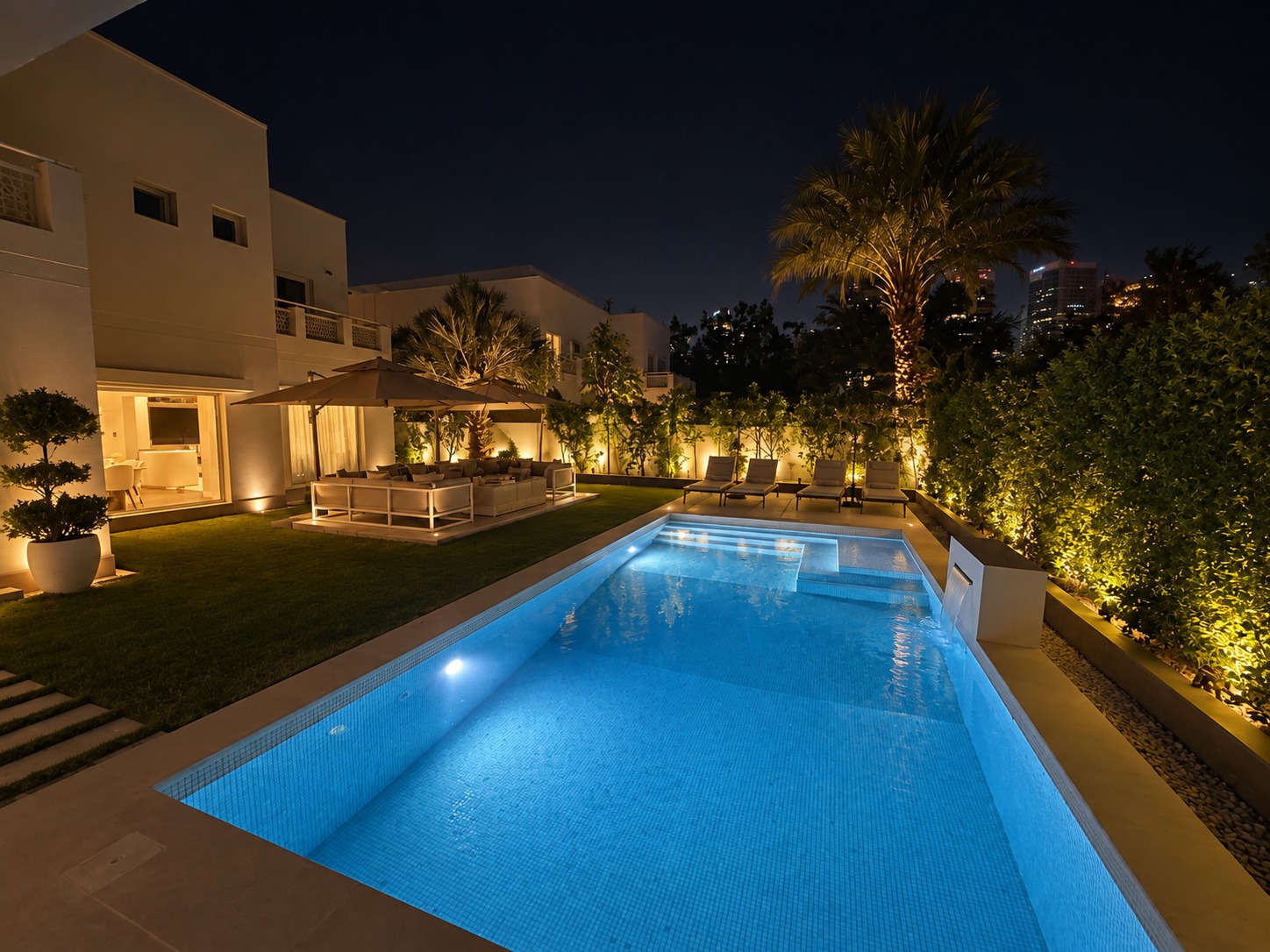 Pool with water feature at night, palm tree and Dubai skyline behind.