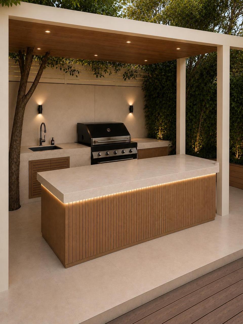 Outdoor kitchen island with timber slat cladding and integrated lighting.