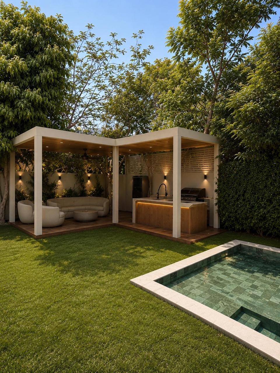 Courtyard with pergola, outdoor kitchen, lawn and pool.