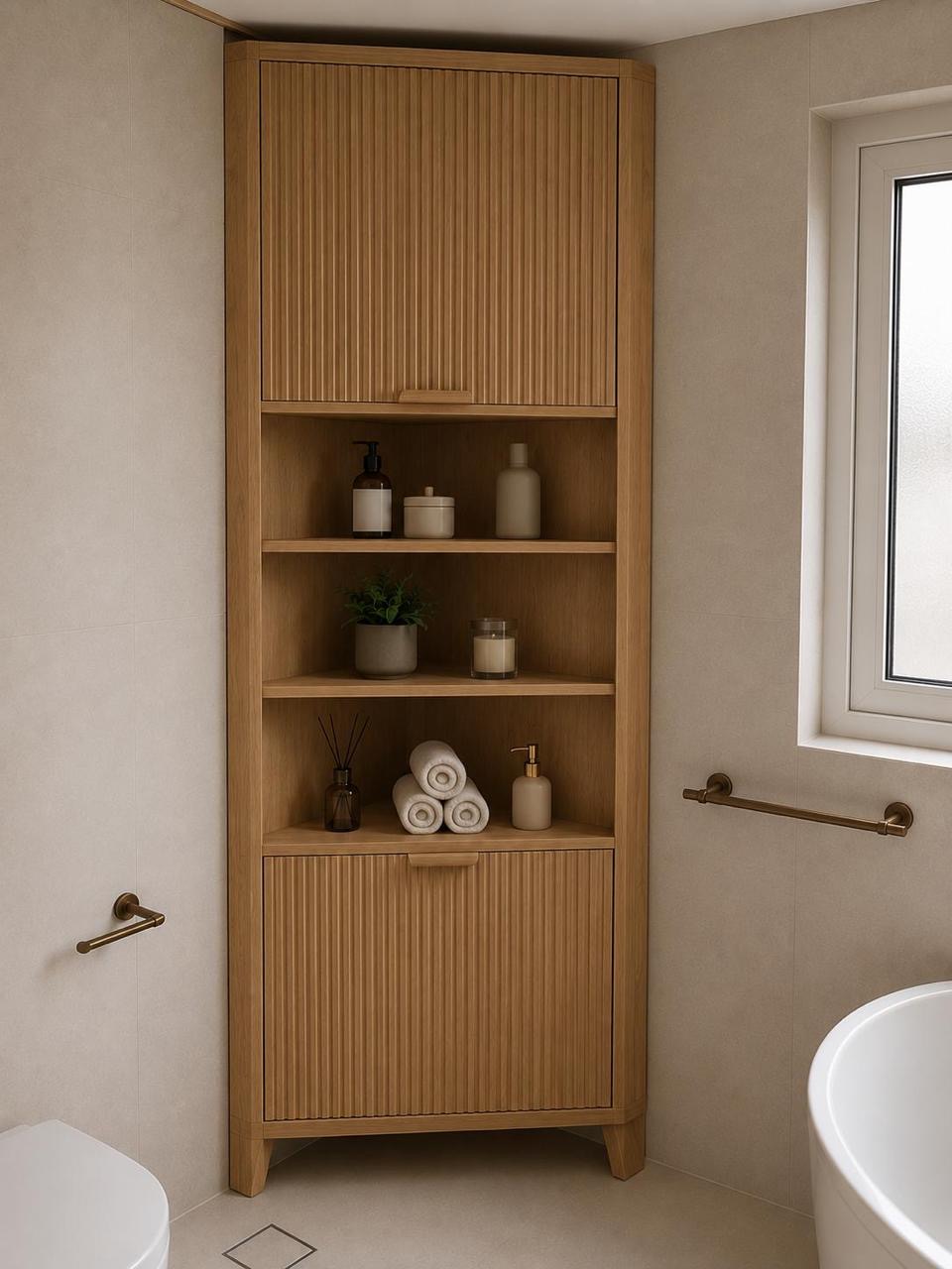 Corner joinery cabinet in a bathroom, with open shelving.